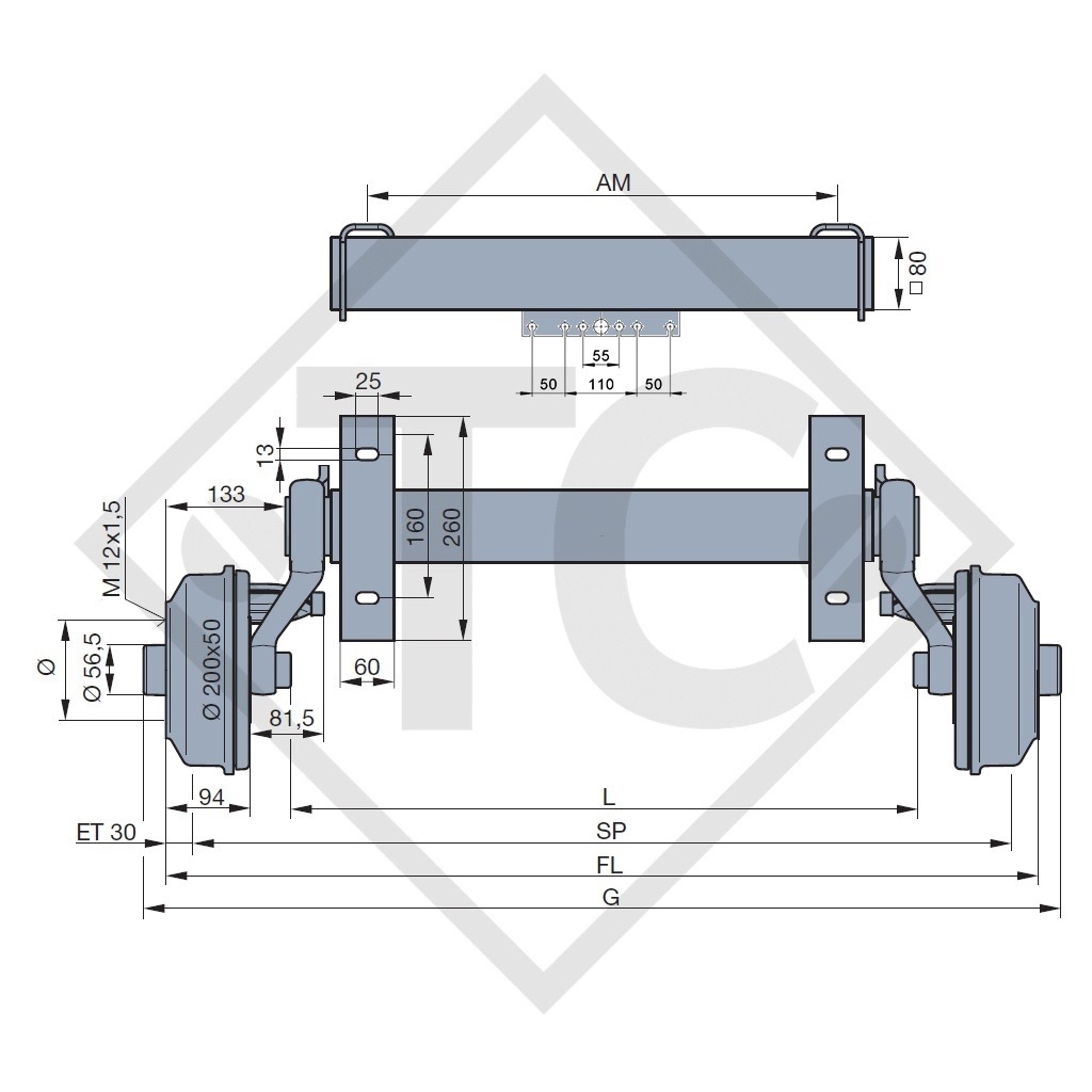 Braked axle SWING 1350kg axle type CB 1355, 46.25.379.402