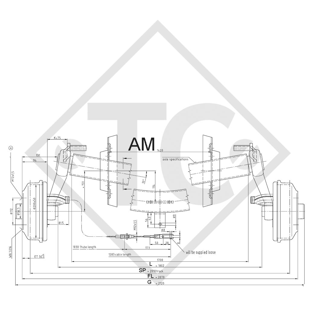 Braked axle 1350kg / 1400kg axle type SCB 1355, 46.25.379.922 - REPRODUCTION, NO LONGER AVAILABLE AS ORIGINAL! - Copy