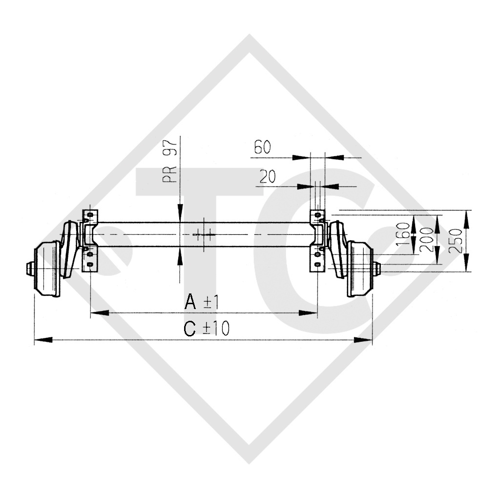 Assale frenato 1350kg BASIC tipo di assale B 1200-6 con AAA (Regolazione automatica dei ferodi) - Copy