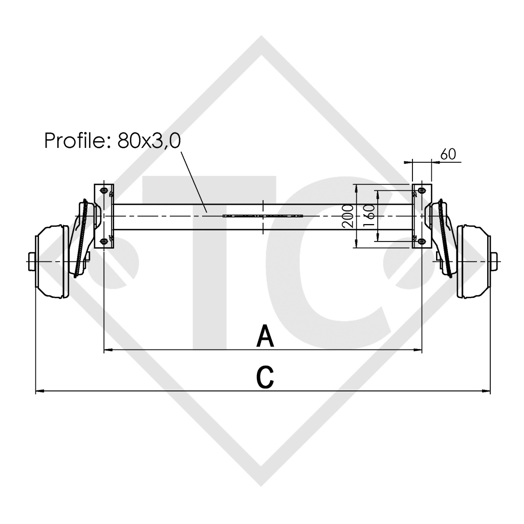 Achse gebremst 1000kg EURO COMPACT Achstyp B 1000-3 - Brenderup