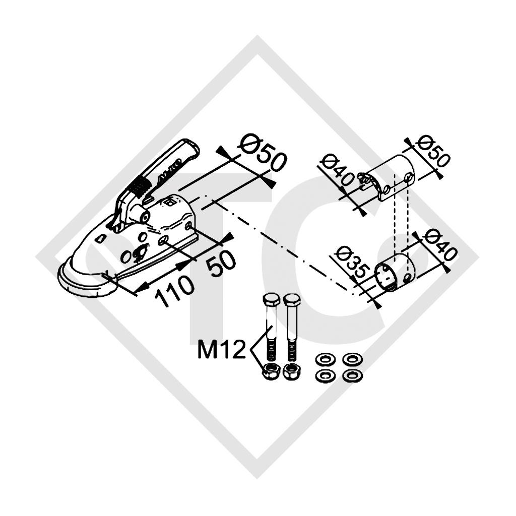 Kugelkupplung AK 161 mit Soft-Dock, Distanzstücke ø35/45mm für gebremste Anhänger