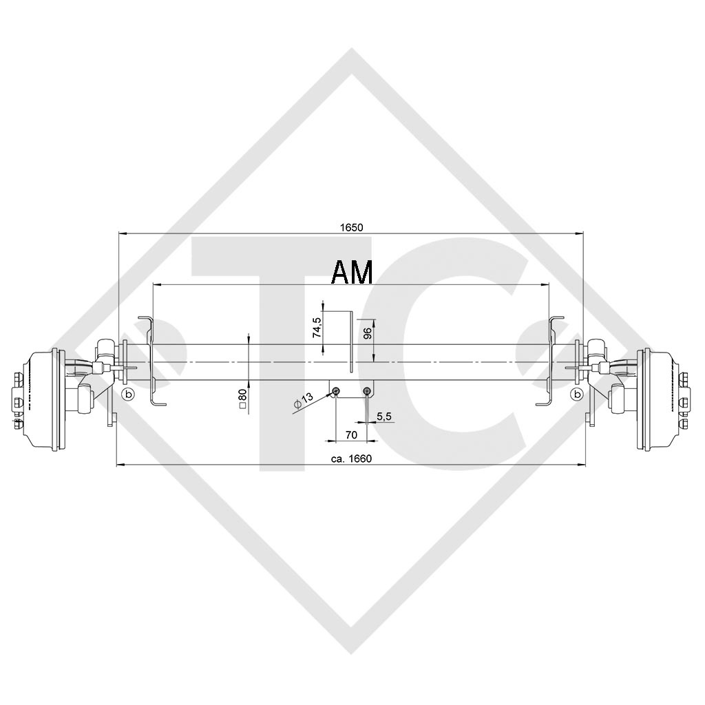 Braked axle 1800kg axle type CB 1505, 46.27.379.448, 4013490 - Knaus REPRODUCTION