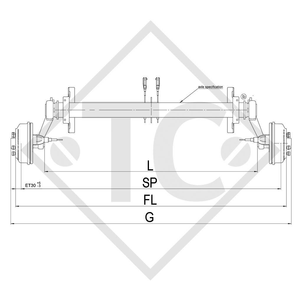 Braked axle 1800kg axle type CB 1505, 46.27.379.448, 4013490 - Knaus REPRODUCTION