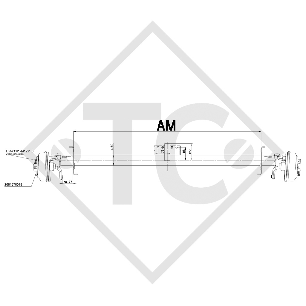Braked axle SWING 1350kg / 1500kg axle type SCB 1355, 46.25.379.940, 4013356 - REPRODUCTION, NO LONGER AVAILABLE AS ORIGINAL!