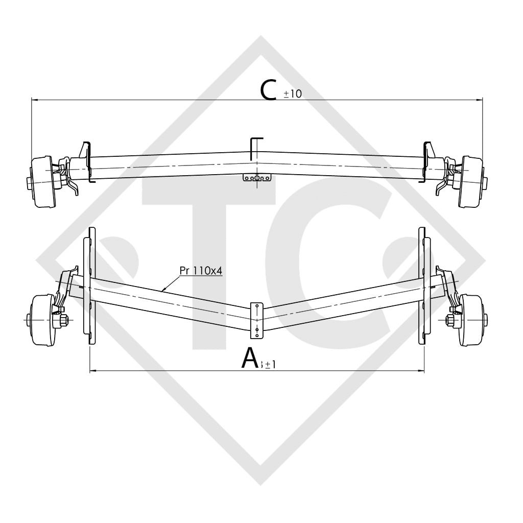Essieu EURO1 - 2000kg freiné type d'essieu DELTA SI 18-3 avec AAA (réglage automatique des garnitures de frein)