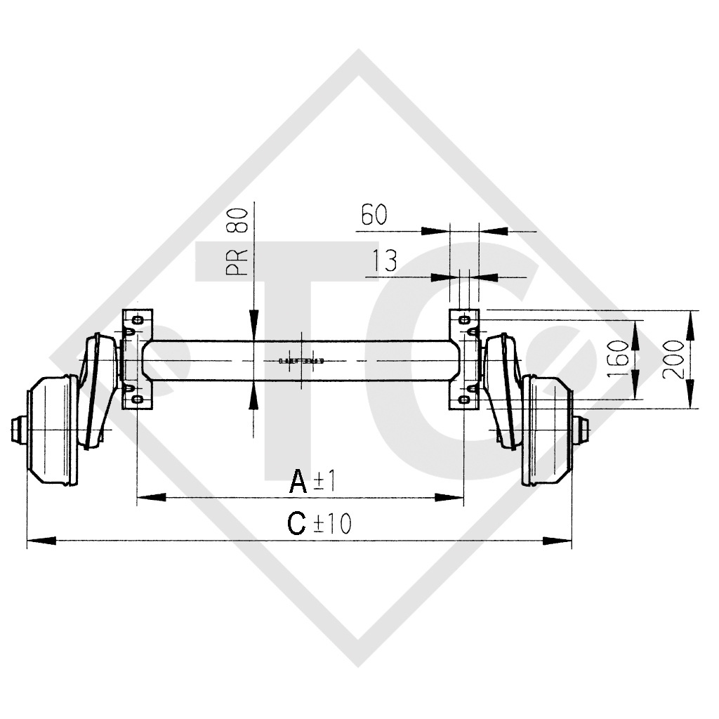 Essieu BASIC 1000kg freiné type d'essieu B 850-10 avec liaison 90mm