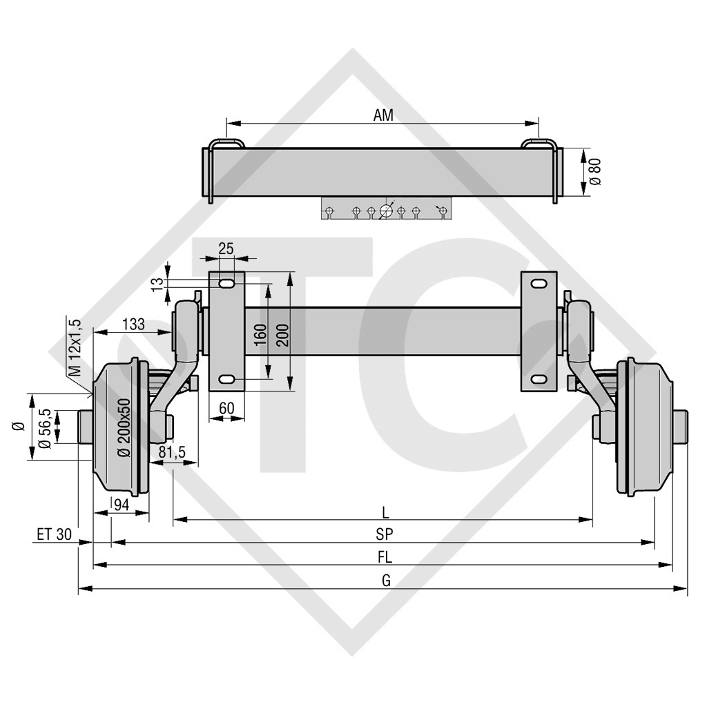 Braked axle SWING 1050kg axle type CB 1055, 46.21.379.868, 4012944