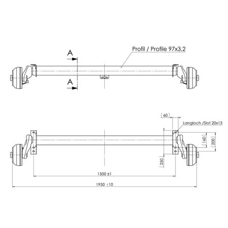 Braked axle 1300kg EURO1 axle type B 1200-5