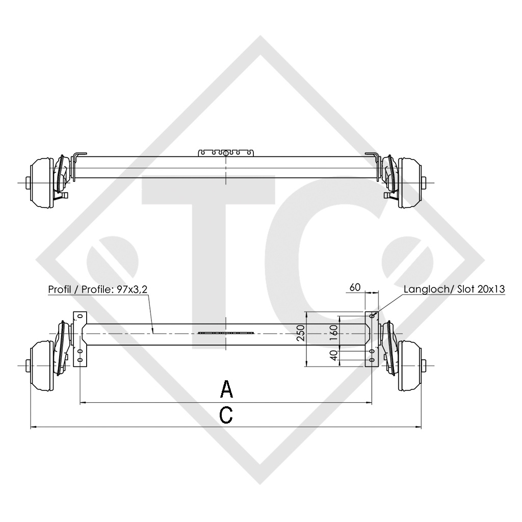 2x Essieu EURO COMPACT 1350kg freiné type d'essieu B 1200-6  - HUMBAUR tandem