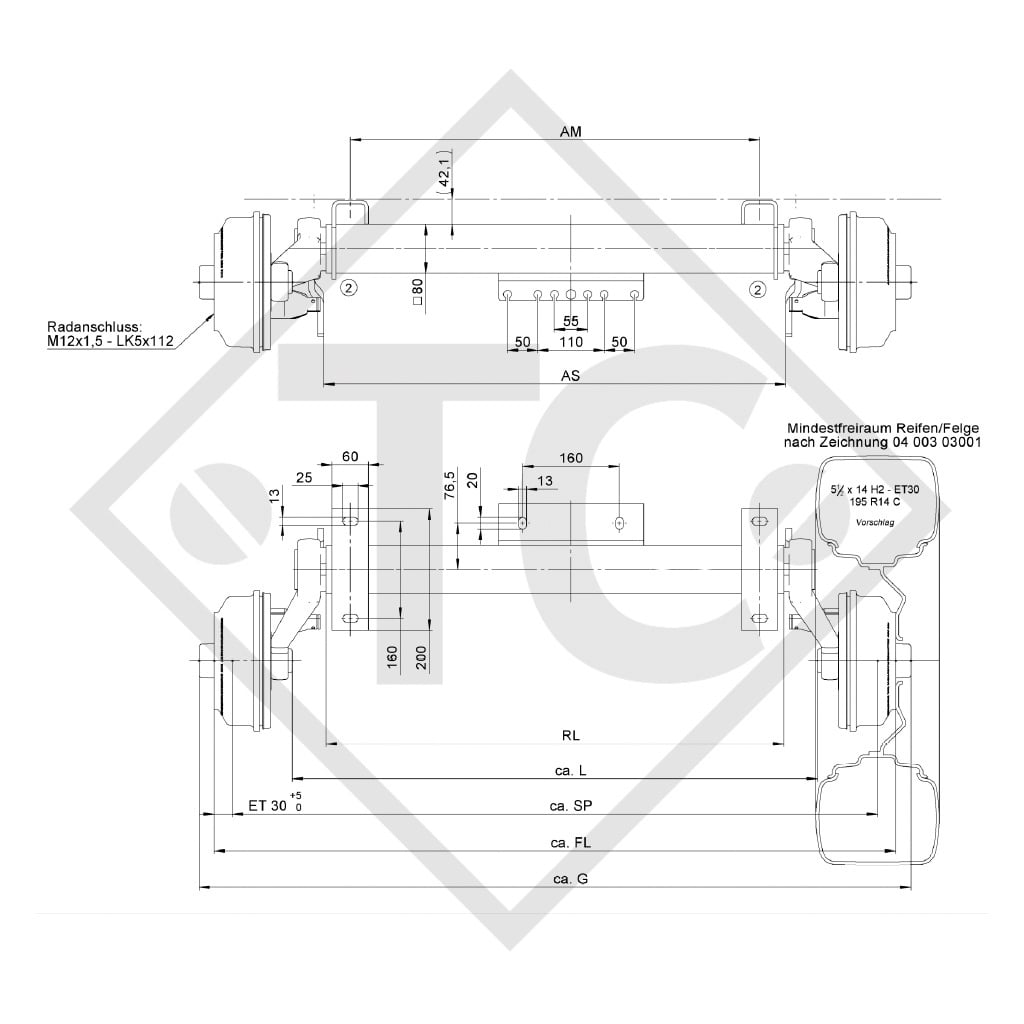 Essieu SWING 1350kg / 1400kg freiné type d'essieu CB 1355, 46.24.379.227 - REPRODUCTION