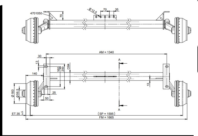 Achse gebremst 850kg Achstyp WAG 085 B