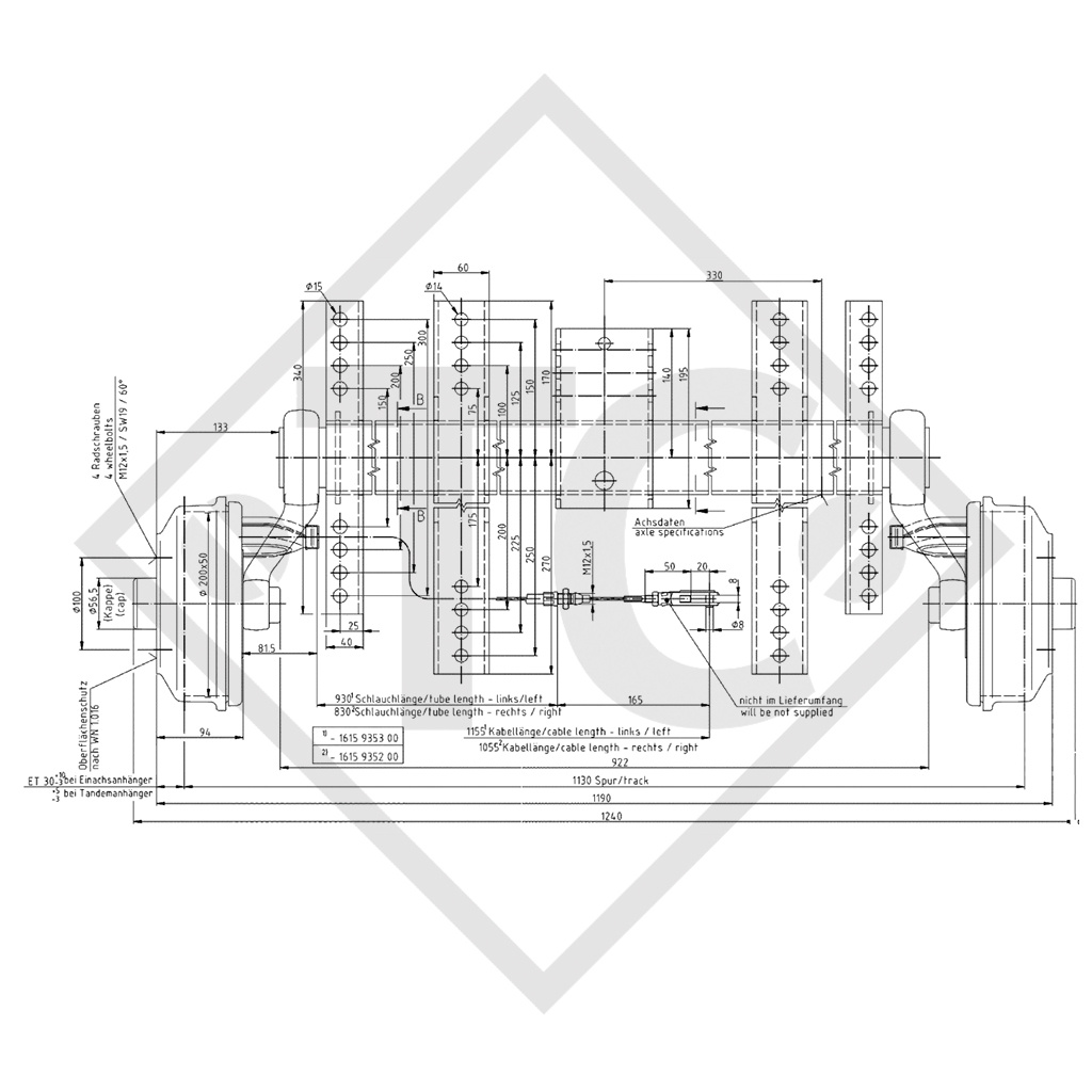 / ATLAS COPCO Achse gebremst 850kg ECO Achstyp CB 854, 46.16.358.003 / 46.16.379.003 - NACHBAU, DA ORIGINAL NICHT MEHR LIEFERBAR!