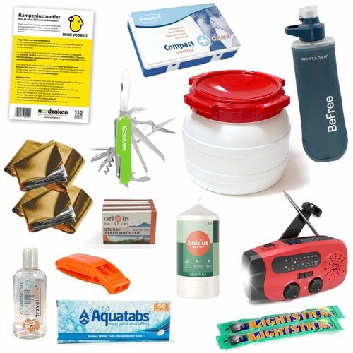 DENK VOORUIT Noodpakket Deluxe (Tonnetje met noodradio en BeFree waterfilter) DENK VOORUIT Noodpakket Deluxe (Tonnetje met noodradio en BeFree waterfilter)