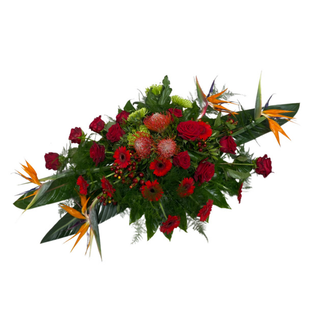 Modern rouwwerk rood met strelitzia