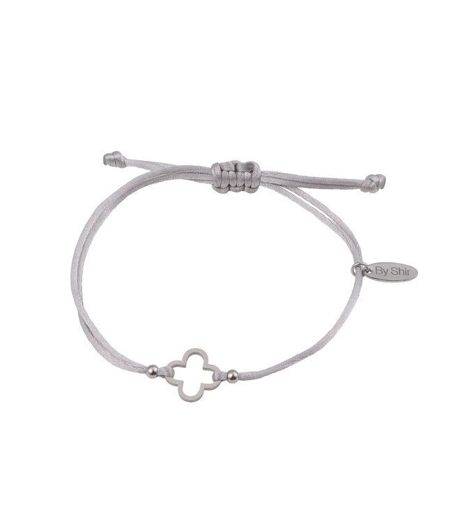 By Shir Armband silk koord grijs klaver edelstaal