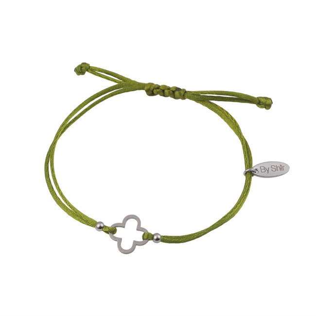 By Shir Armband aus Seidenkordel, grün, Kleeblatt, Edelstahl
