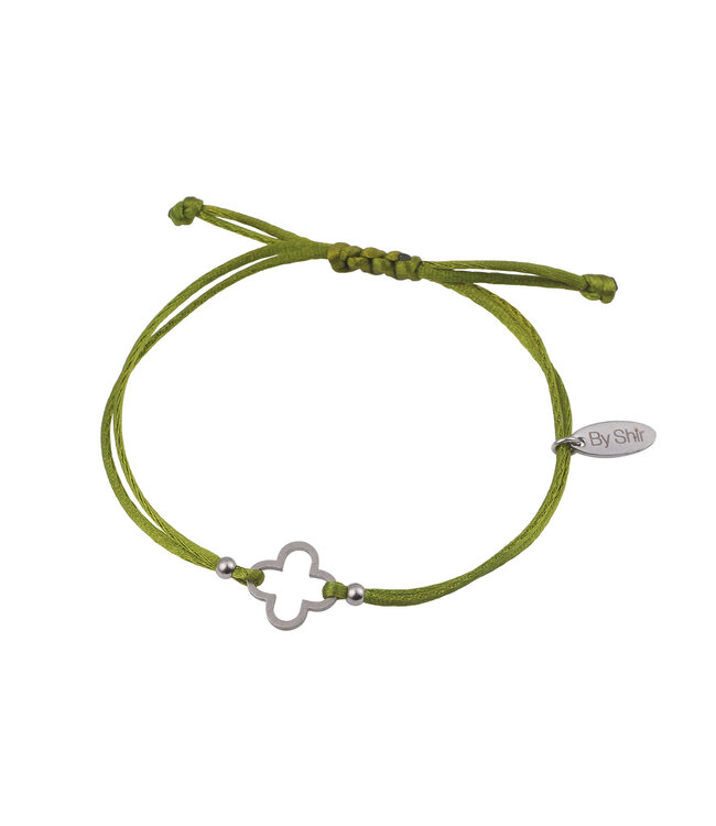 By Shir Armband silk koord groen klaver edelstaal