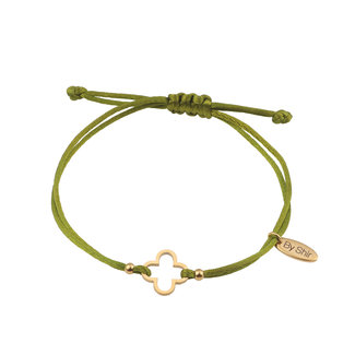 By Shir Armband silk koord groen klaver (verguld) Edelstaal