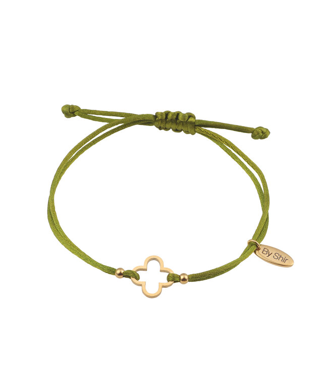 By Shir Armband silk koord groen klaver (verguld) Edelstaal