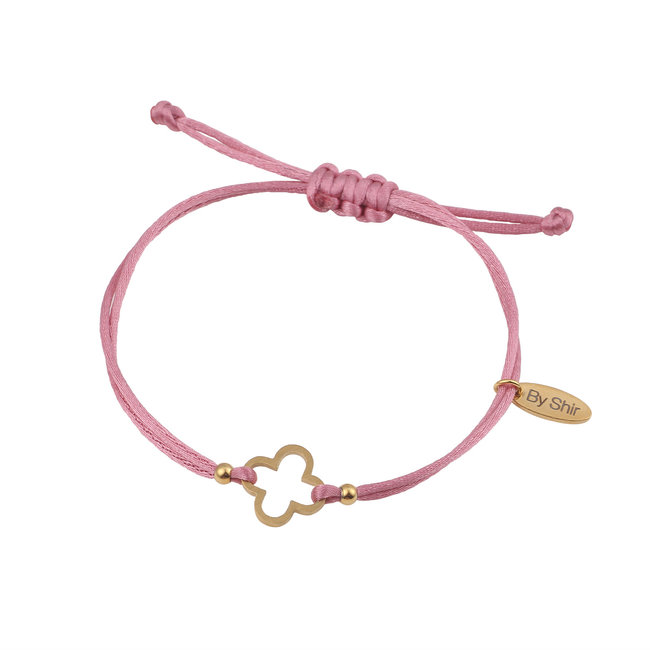 By Shir Armband silk koord roze klaver (verguld) edelstaal