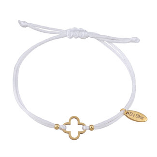 By Shir Armband silk koord wit klaver (verguld) edelstaal