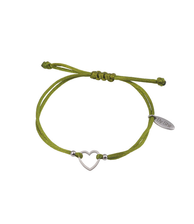 By Shir Armband silk koord groen hartje Edelstaal