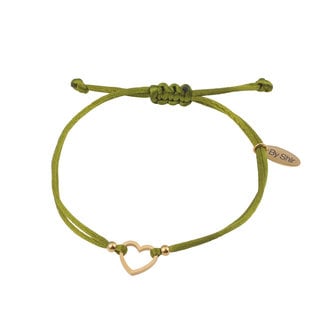 By Shir Armband silk koord groen hartje Edelstaal 14k verguld