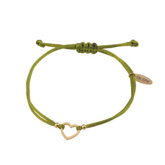 By Shir Armband silk koord groen hartje (verguld) edelstaal
