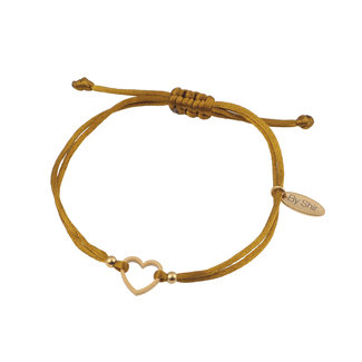 By Shir Armband silk koord olijf hartje edelstaal (verguld)