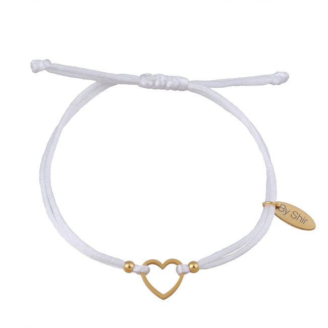 By Shir Armband silk koord wit hartje (verguld) edelstaal