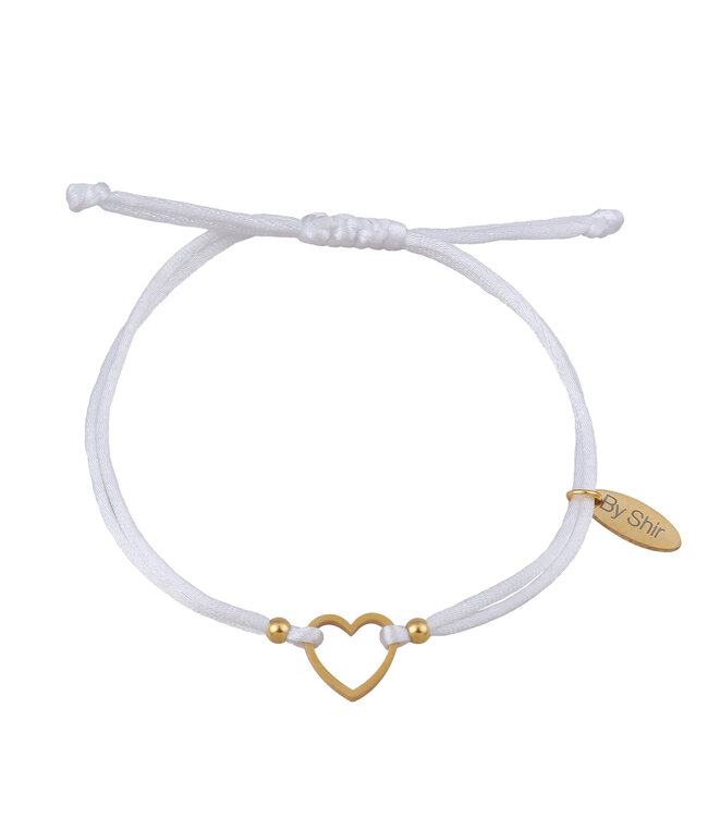 By Shir Armband silk koord wit hartje (verguld) edelstaal