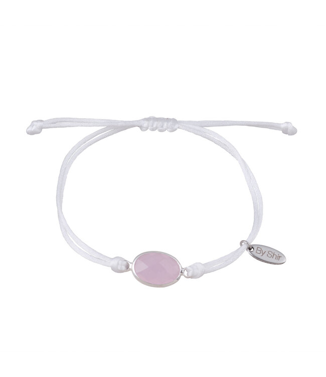 By Shir Armband silk koord wit steen roze
