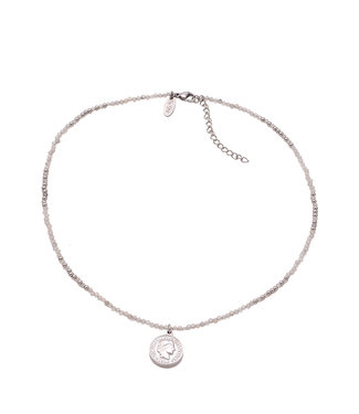 By Shir Ketting kort edelstenen Agaat grijs met muntje edelstaal