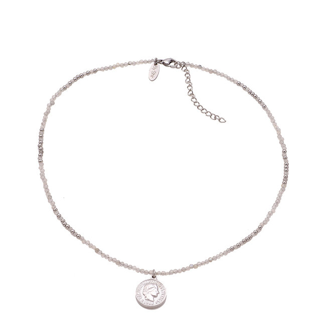 By Shir Ketting kort edelstenen Agaat grijs met muntje edelstaal