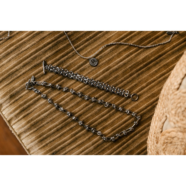 By Shir Ketting kort edelstenen Agaat grijs met muntje edelstaal