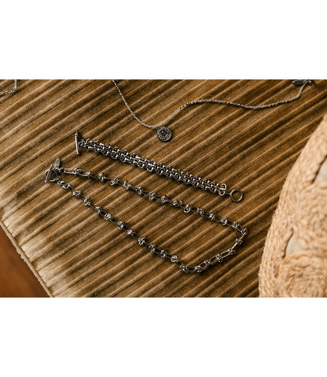 By Shir Ketting kort edelstenen Agaat grijs met muntje edelstaal