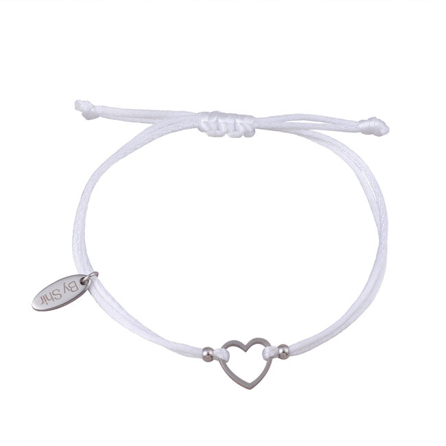 By Shir Armband silk koord wit hartje Edelstaal
