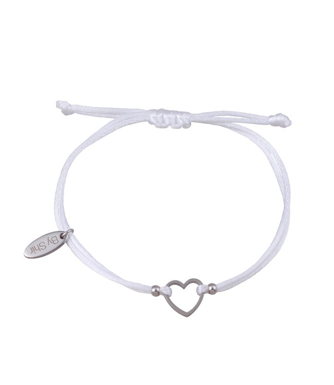 By Shir Armband silk koord wit hartje Edelstaal