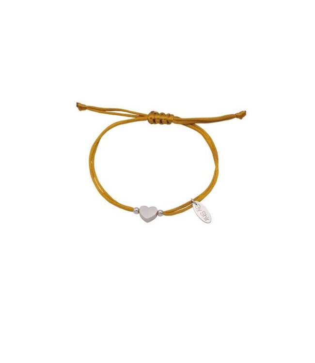 By Shir Armbandje bruin koord met hartje van edelstaal
