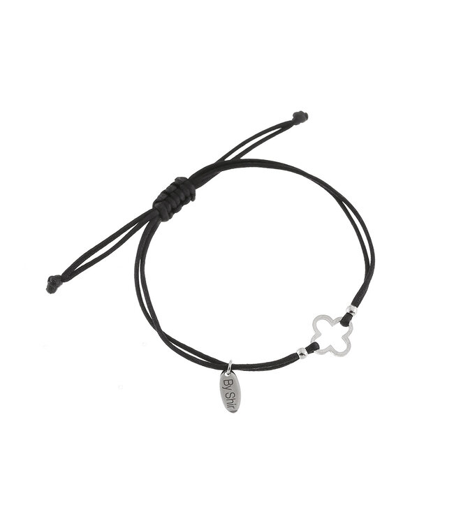 By Shir Armband touw verstelbaar klaver zwart edelstaal