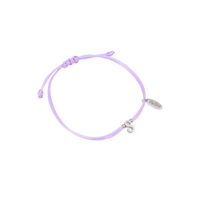 By Shir Armband silk koord lila met letter edelstaal