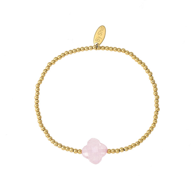 By Shir Armband kraaltjes Rosequartz klaver goud