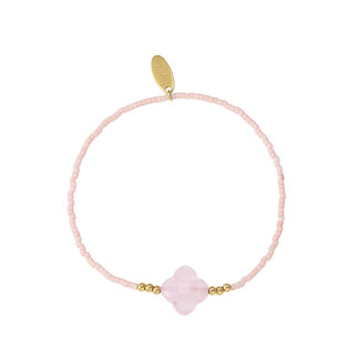 By Shir Armband kraaltjes roze met klaver Rosequarts goud