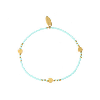 By Shir Armband kraaltjes licht turquoise hartjes goud