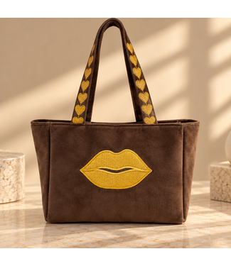 By Shir Large luxury brown velvet bag with a gold kiss design