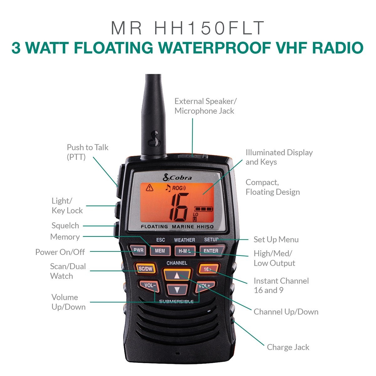Cobra HH150 Floating Waterproof Handheld VHF Marine Radio Pirates