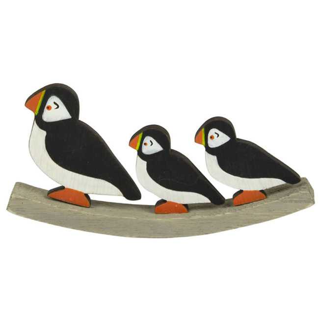 Puffin & Chicks on Curved Wooden Base