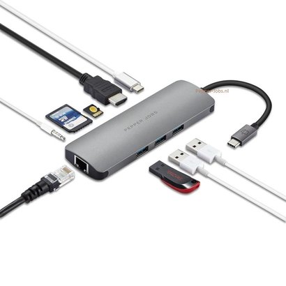 Pepper Jobs Spécifications techniques : TCH-6 est un hub USB-C 3.1 à USB 3.0 avec Gigabit Ethernet, un port de chargement USB-C, un lecteur de carte SD & TF, une sortie HDMI et un audio USB.