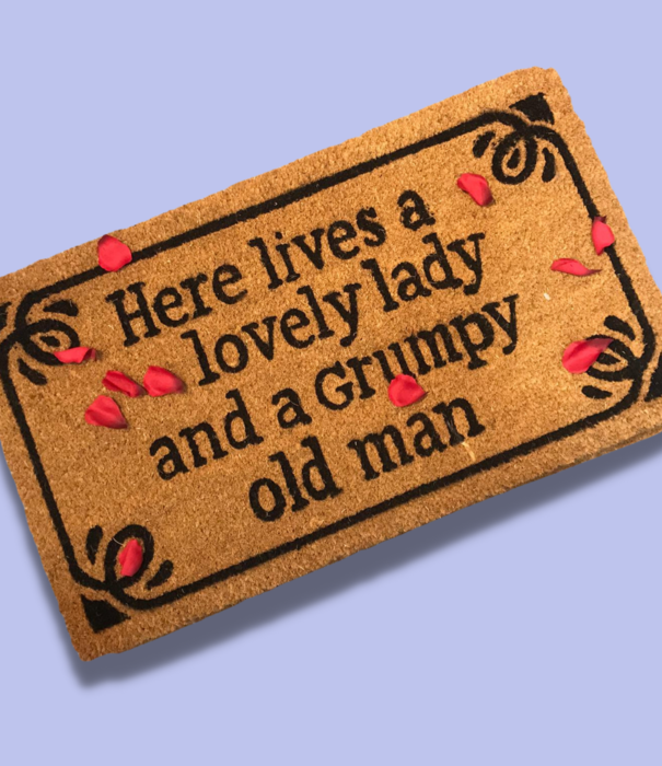 Jelly Jazz doormat - here lives a lovely lady and a grumpy old man