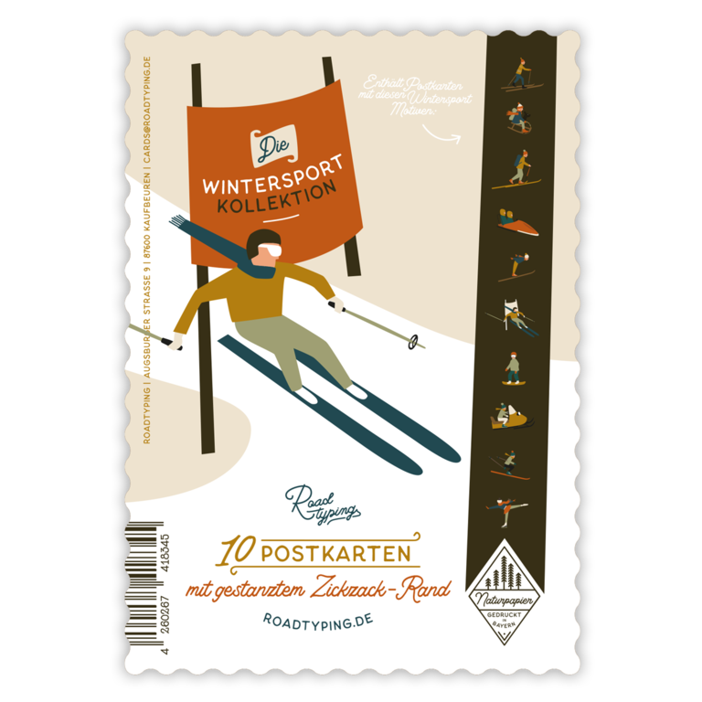 10 Wintersport Postkarten mit retro Zickzack-Rand